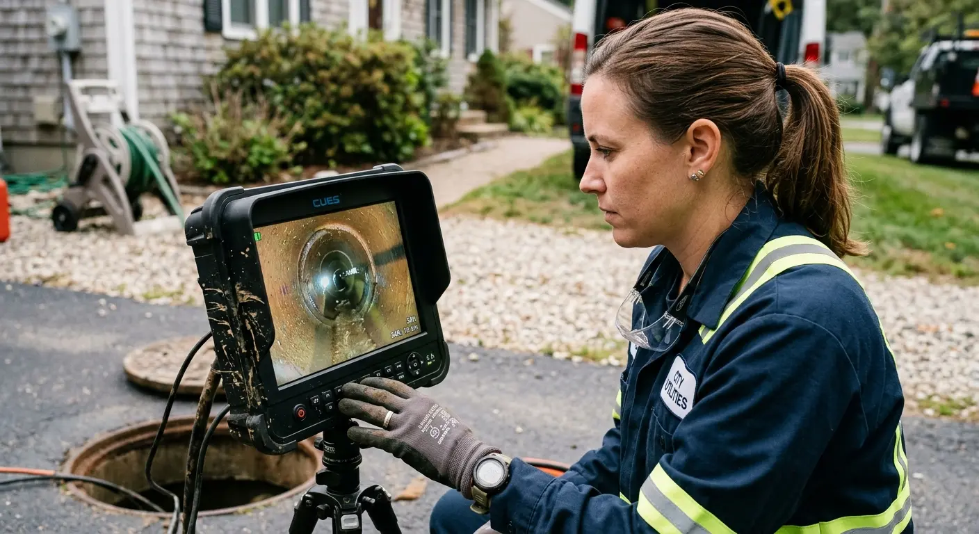 Technician reviewing sewer camera inspection footage in Fremont