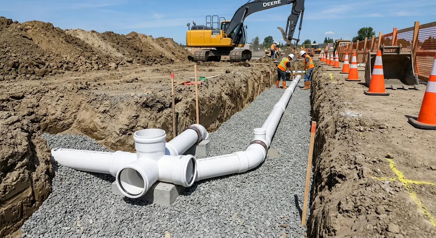 New PVC sewer pipe installation in open trench for Sewer Backup in Fremont